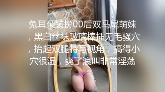 兔耳朵装扮00后双马尾萌妹，黑白丝袜玻璃棒插无毛骚穴，抬起双腿特写视角，搞得小穴很湿，爽了浪叫非常淫荡